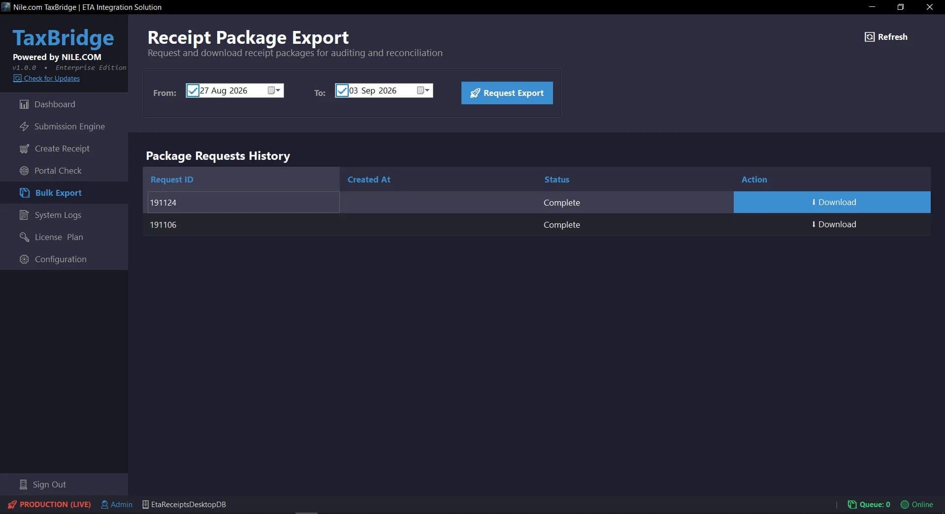 Receipt package export for audit and reconciliation